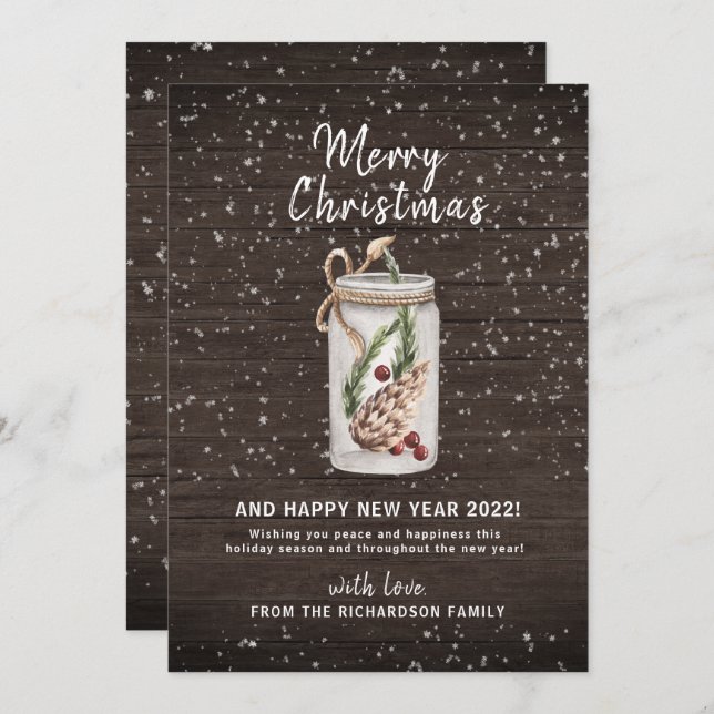 Cartão De Festividades Feliz С Natal Mason Jar Wooden Holiday Card (Frente/Verso)