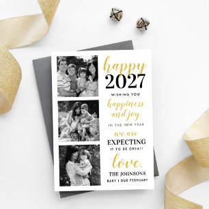 Cartão De Festividades Feliz 2027 Foto de Gravidez Prevista em Dourado e