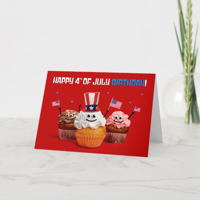 Cartão De Festividades Feliz 4 de julho, Aniversário, Cupcake Patriótico (Frente)