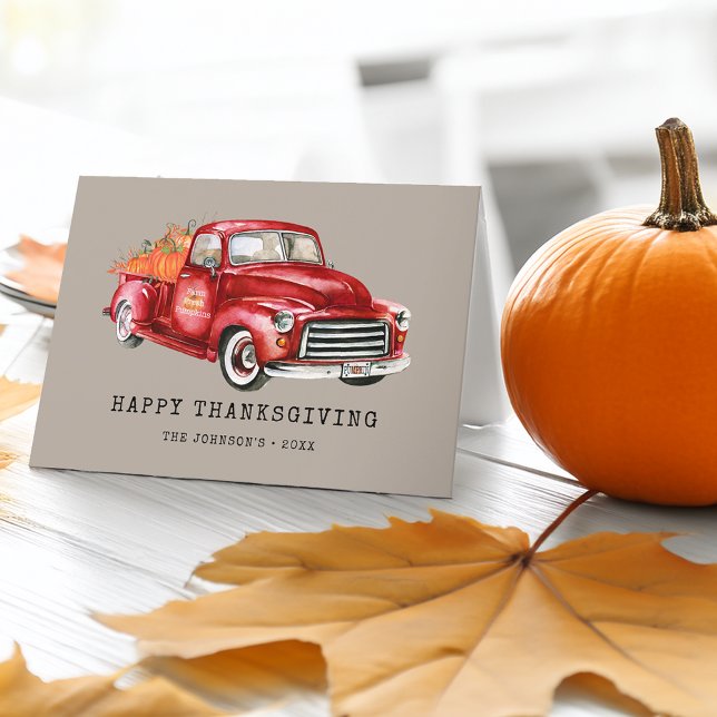 Cartão De Festividades Feliz Ação de Graças Caminhão Vermelho Foto de Abó (Happy Thanksgiving Red Truck Pumpkins Photo Holiday Card)