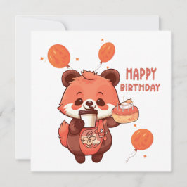 Cartão De Festividades Feliz aniversário com um guaxinim e um bolo