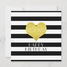 Feliz Aniversário Coração Dourado Listras Pretas e