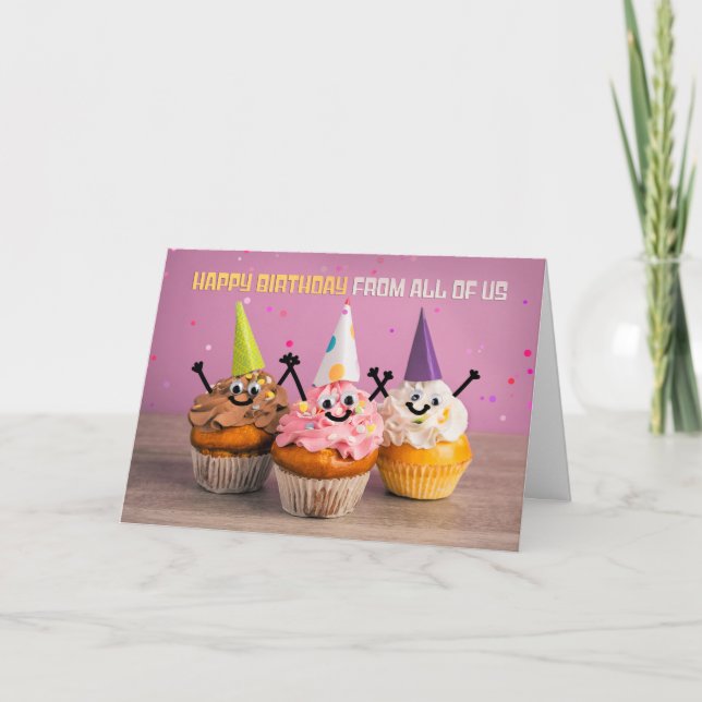 Cartão De Festividades Feliz Aniversário de Todos Nós, Cupcake Bonito (Frente)