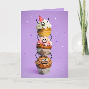 Cartão De Festividades Feliz Aniversário Feliz Pilha de Cupcakes Feliz