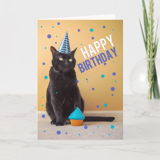 Cartão De Festividades Feliz Aniversário, Humor do Partido Gato com Distâ (Frente)