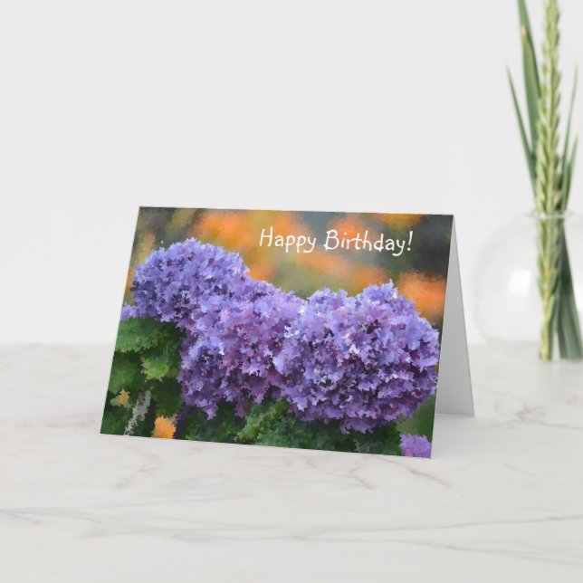 Cartão De Festividades Feliz aniversário Impressionista Roxo Hydrangea (Frente)