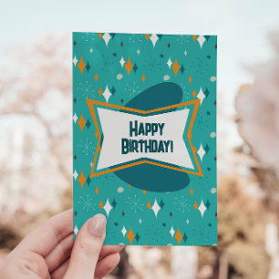 Cartão De Festividades Feliz Aniversário, MCM Atomic Starburst Azul Turqu