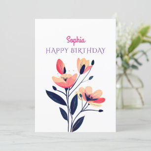 Cartão De Festividades Feliz Aniversário, Nome, Mensagem, Flores, Branco