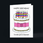 Cartão De Festividades Feliz aniversário para o parceiro do Gay Son<br><div class="desc">Um bolo de aniversário de desenho animado com um arco rosa ao seu redor e várias velas coloridas arco-íris no topo. As palavras "Parabéns ao Parceiro do Meu Filho" acompanham a imagem.</div>
