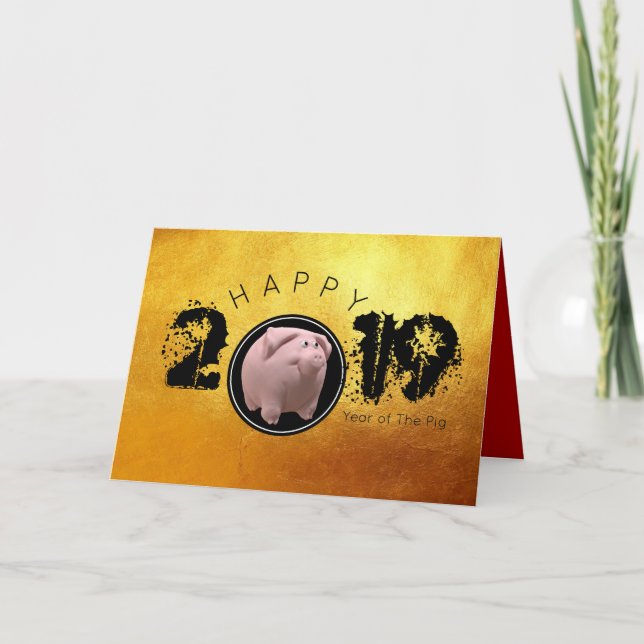 Cartão De Festividades Feliz Ano do Porco 2019 Original Saudação dourada  (Frente)