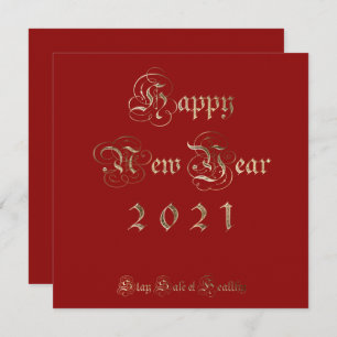 Cartão De Festividades feliz ano novo 2021 Elegant Red and Dourado Script