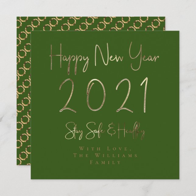 Cartão De Festividades Feliz ano novo 2021 Elegante Dourado Script Verde (Frente/Verso)