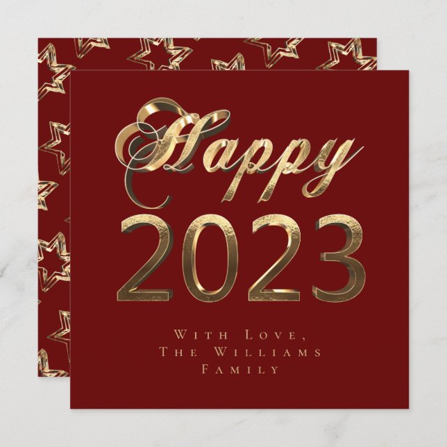 Cartão De Festividades Feliz Ano Novo 2023 Chic Script Vermelho e Dourado (Frente/Verso)