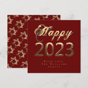 Cartão De Festividades Feliz Ano Novo 2023 Chic Script Vermelho e Dourado