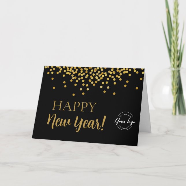 Cartão De Festividades Feliz ano novo 2024 Black Dourado confetti Busines (Frente)