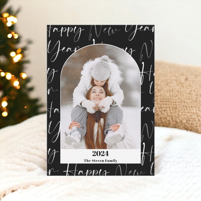 Cartão De Festividades Feliz ano novo 2024 bold script 4 fotos em preto (Happy New Year 2024 bold script 4 photos black Holiday Card)