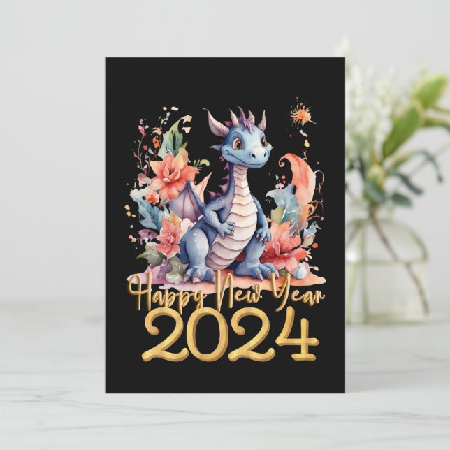 Cartão De Festividades Feliz ano novo 2024 Dragão Negro Chinês (Em pé/Frente)