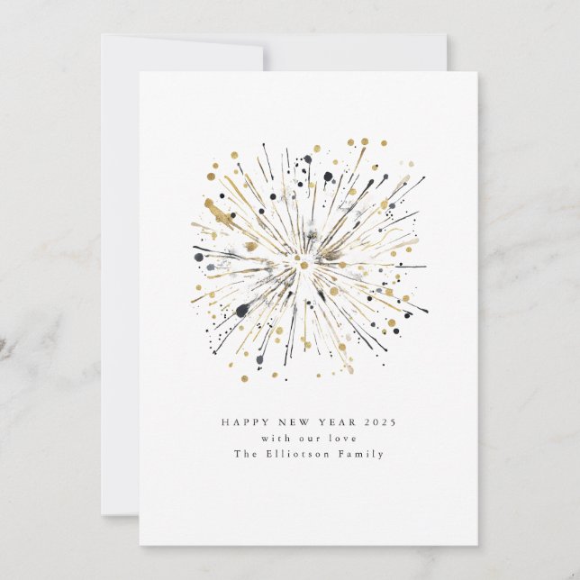 Cartão De Festividades Feliz Ano Novo 2025 Fogos Ouro Preto (Frente)