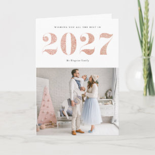 Cartão De Festividades Feliz Ano Novo 2027 Glitter Dourado Rosa Moderno
