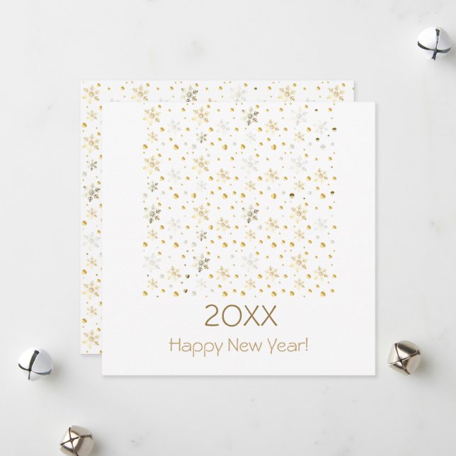 Cartão De Festividades Feliz Ano Novo 20XX & Decoração de Natal Dourada (Frente/Verso In Situ)