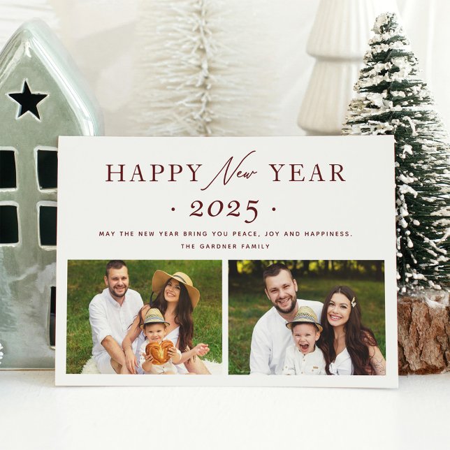 Cartão De Festividades Feliz ano novo 2 Foto Festivo Maroon Red 205 (Criador carregado)