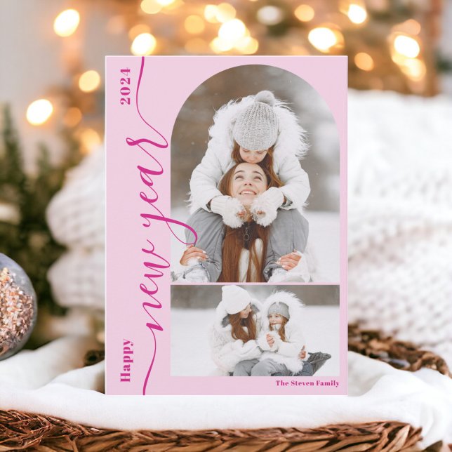 Cartão De Festividades Feliz ano novo 3 fotoarca moderna script rosa-quen (Happy New Year 3 photo arch modern script hot pink Holiday Card)