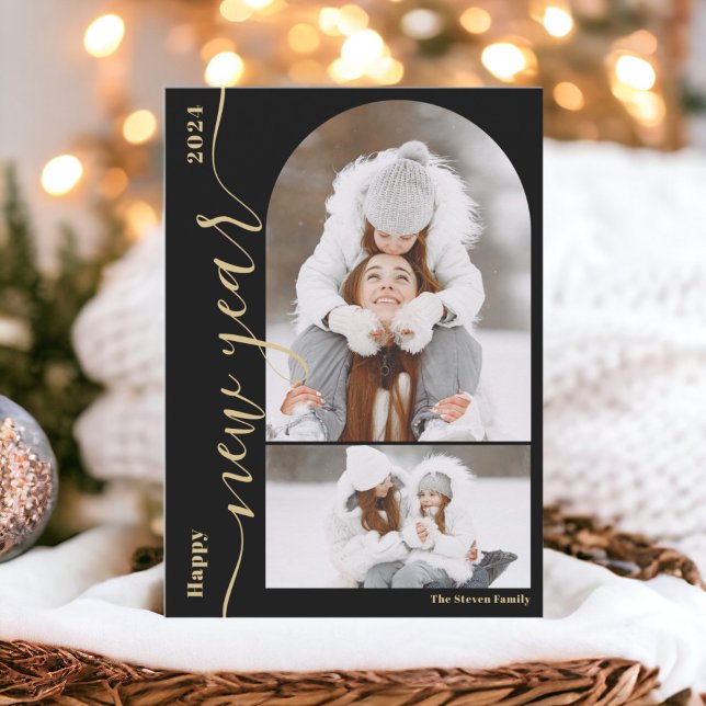 Cartão De Festividades Feliz ano novo 3 fotoarco moderno script gold (Happy New Year 3 photo arch modern script gold Holiday Card)