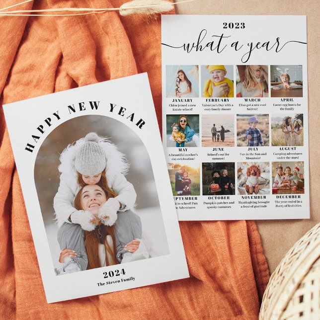 Cartão De Festividades Feliz ano novo ano de revisão 13 fotos em preto (Happy New Year arch year in review 13 photos black Holiday Card)