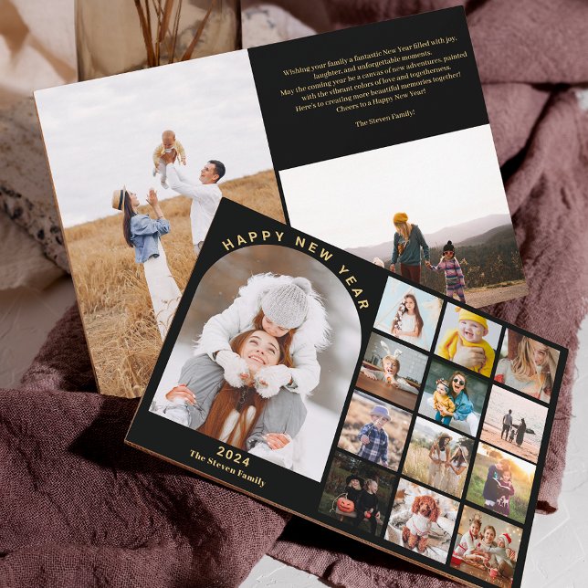 Cartão De Festividades Feliz ano novo ano de revisão 15 fotos ouro (Happy New Year arch year in review 15 photos gold Holiday Card)