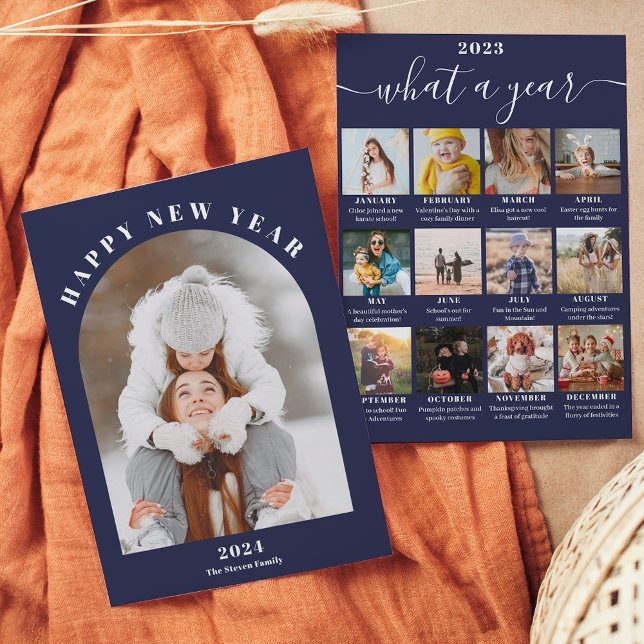 Cartão De Festividades Feliz ano novo ano na revisão 13 fotos azul (Happy New Year arch year in review 13 photos blue Holiday Card)