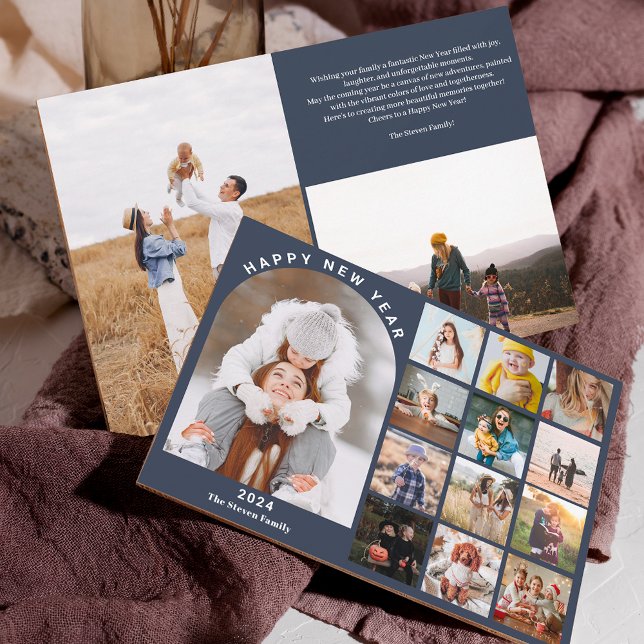 Cartão De Festividades Feliz ano novo ano na revisão 15 fotos azul (Happy New Year arch year in review 15 photos blue Holiday Card)