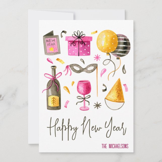 Cartão De Festividades Feliz Ano Novo Aquarela (Frente)