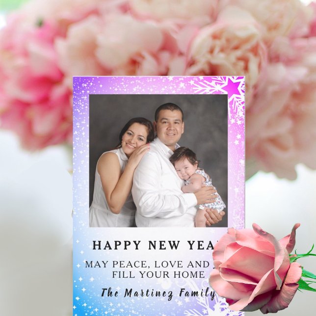 Cartão De Festividades Feliz ano novo Azul e Púrpura Cena de Neve (Criador carregado)