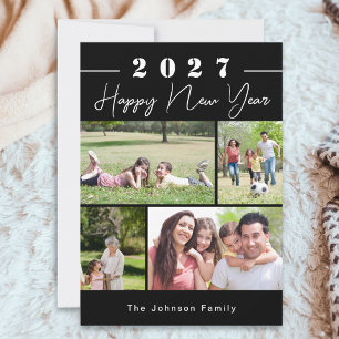 Cartão De Festividades Feliz Ano Novo Black Personalizado Colagem de 4 Fo