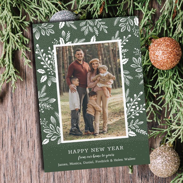 Cartão De Festividades Feliz ano novo Botanicals na Foto Verde (Happy New Year botanicals on green photo cards - Order INSTANT DOWNLOAD and/or PRINTED or both!)