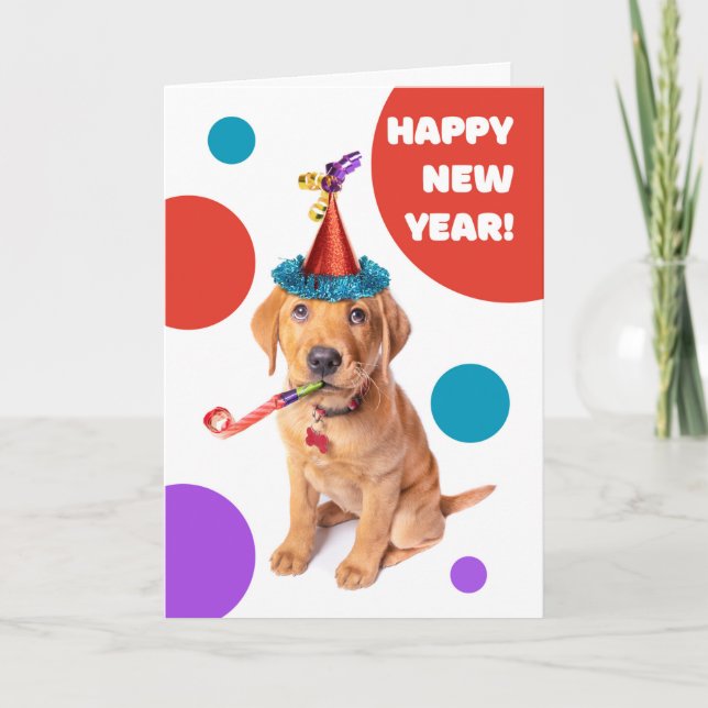 Cartão De Festividades Feliz Ano Novo Cachorrinho Labrador Raposa Vermelh (Frente)