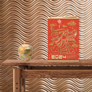 Cartão De Festividades Feliz Ano Novo Chinês Vermelho Dourado do Dragão 2