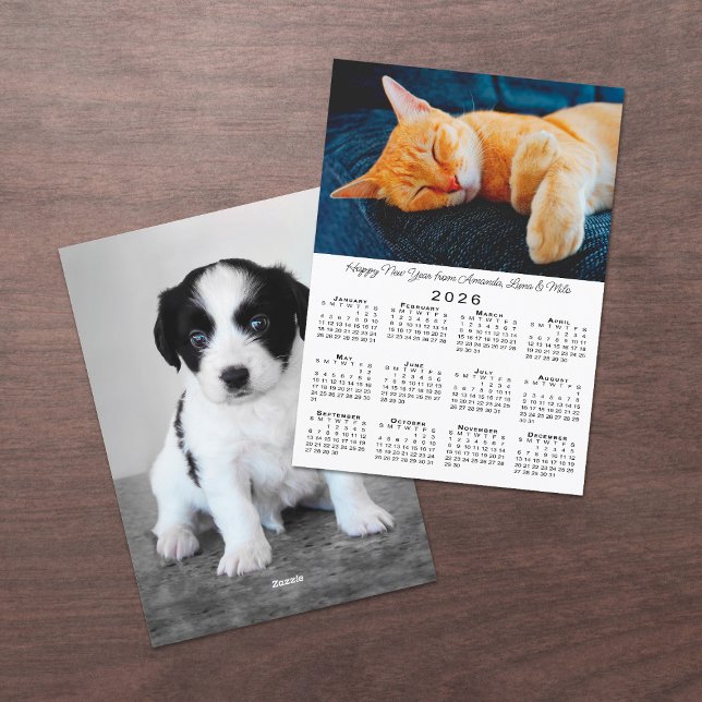 Cartão De Festividades Feliz ano novo de Calendário Personalizado 2026 (Custom Photos 2026 Calendar Happy New Year Holiday Card, front/back)