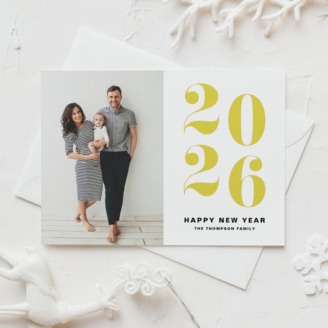 Cartão De Festividades Feliz ano novo de Foto Yellow Bold Typografia 2022 (Ring in 2026 with this Happy New Year Photo Card featuring 2026 in yellow retro bold typography.)