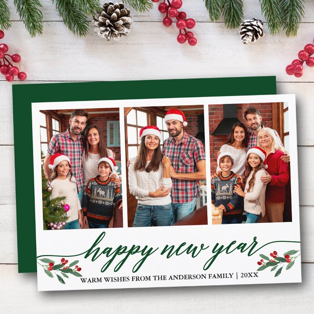 Cartão De Festividades Feliz ano novo de Fotografia Moderna 3 Verde (Customize to add text to back of card or to change color of  back of card.)