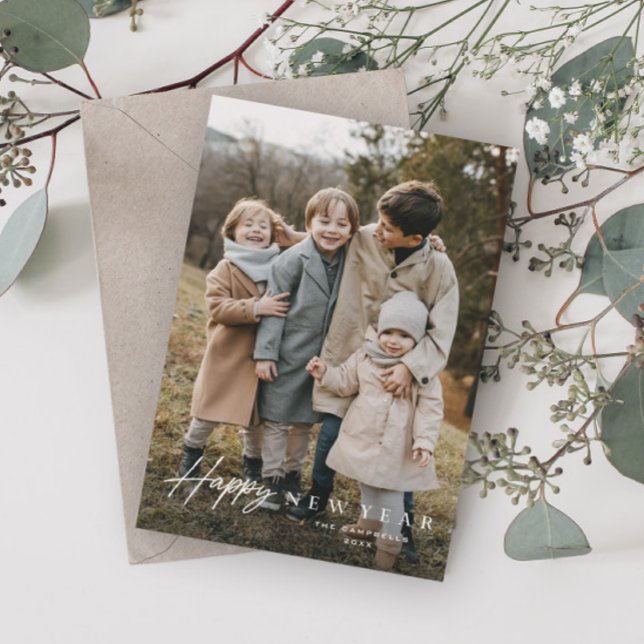 Cartão De Festividades Feliz ano novo de Fotografia Simples Script 3 (Simple script happy new year 3 photo holiday card that is  simple and typographic.)