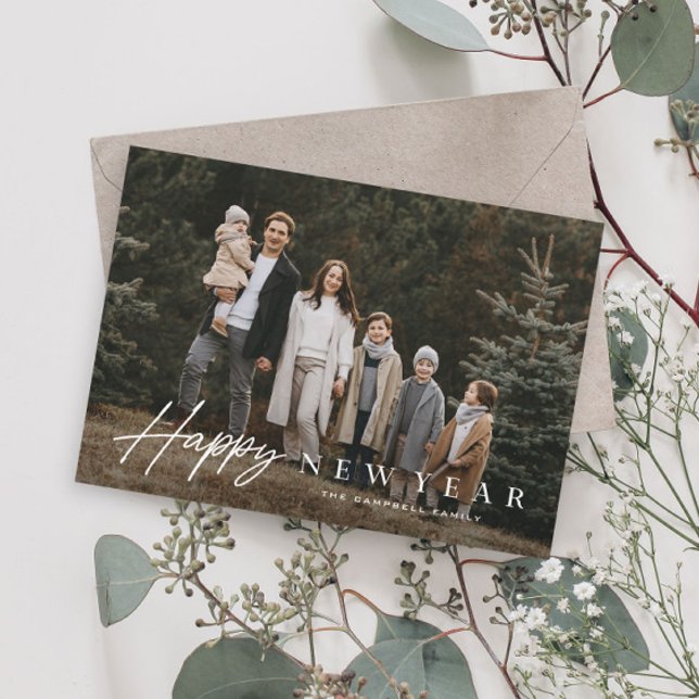 Cartão De Festividades Feliz ano novo de Fotografia Simples Script 3 (Simple Script Happy New Year Photo Card with elegant typography.)