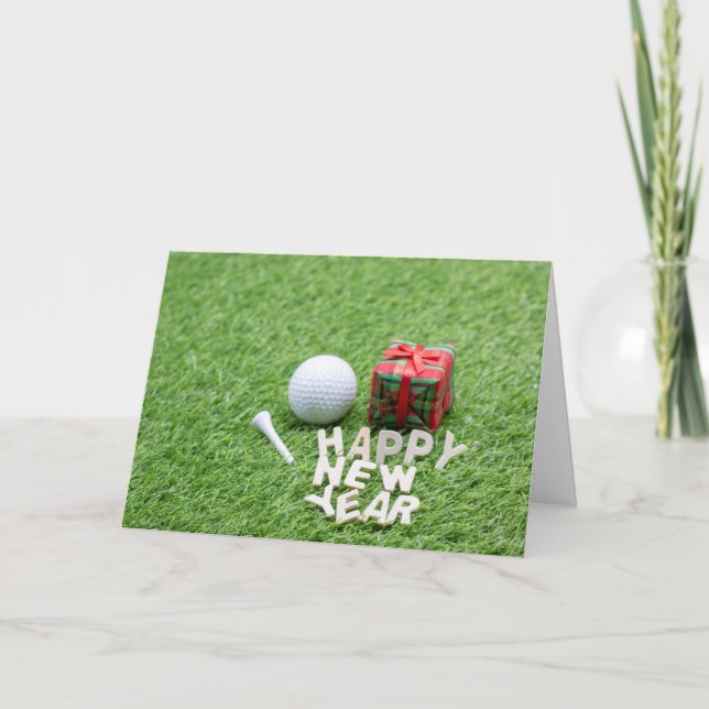 Cartão De Festividades Feliz ano novo de golfe com bola de golfe e presen (Frente)