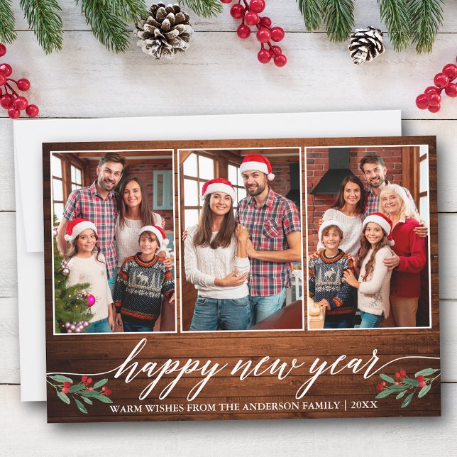 Cartão De Festividades Feliz ano novo de madeira fotográfica 3 para calig (Customize to add text to back of card.)