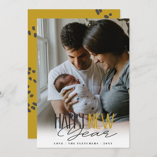 Cartão De Festividades Feliz ano novo de Script de Assinatura Simples (Frente/Verso)