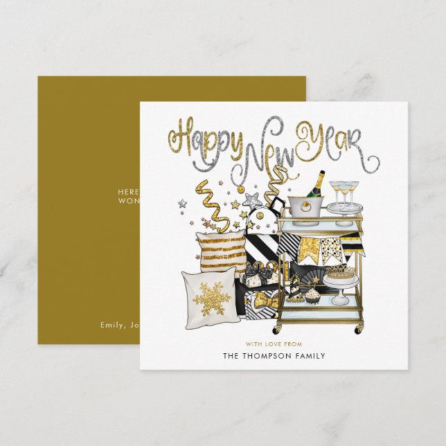 Cartão De Festividades Feliz ano novo de Script Glitter Dourado Preto Ele (Frente/Verso)