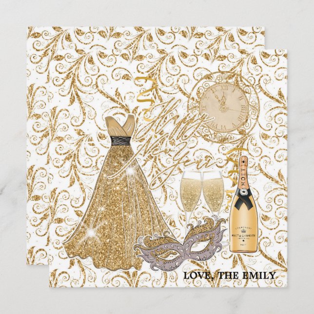 Cartão De Festividades Feliz Ano Novo Dourado  (Frente/Verso)