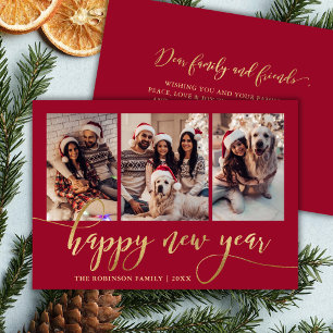 Cartão De Festividades Feliz Ano Novo Dourado Script Vermelho 3 Colagem d