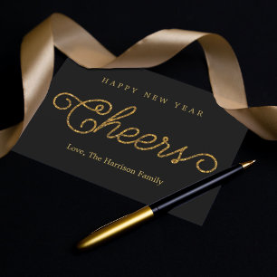 Cartão De Festividades Feliz ano novo Elegante Preto e Dourado de Alegria