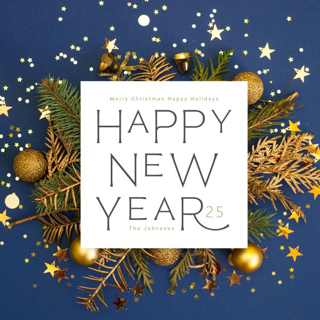 Cartão De Festividades Feliz ano novo em cinza texto manuscrito Feriado C (Criador carregado)